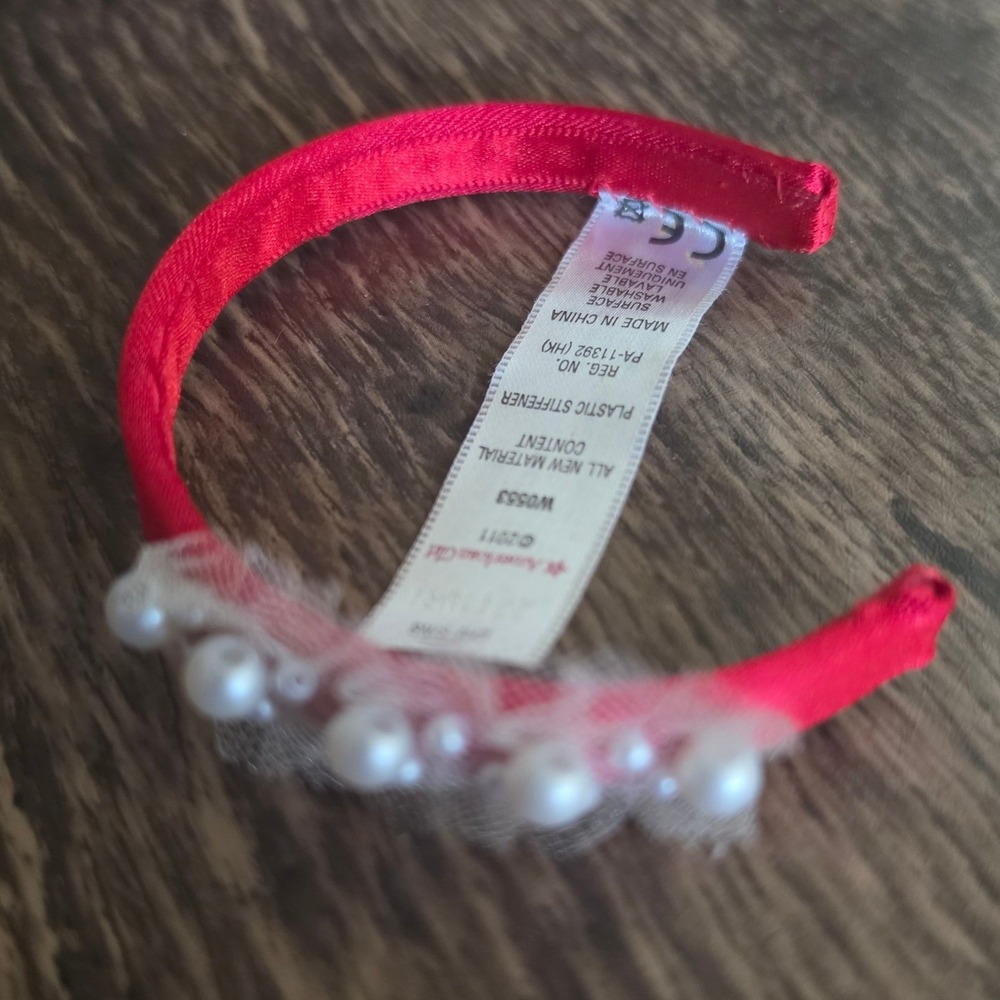 AMERICAN GIRL Doll Headband Kids Red Faux Pearl Tulle Satin Hair Accessory